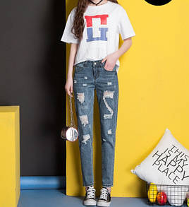 Сині джинси потерті жіночі бойфренд "Denim" Зручні якісні повсякденні стильні жіночі джинси