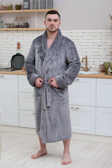 Махровий теплий домашній халат чоловічий сірий довгий з поясом і коміром