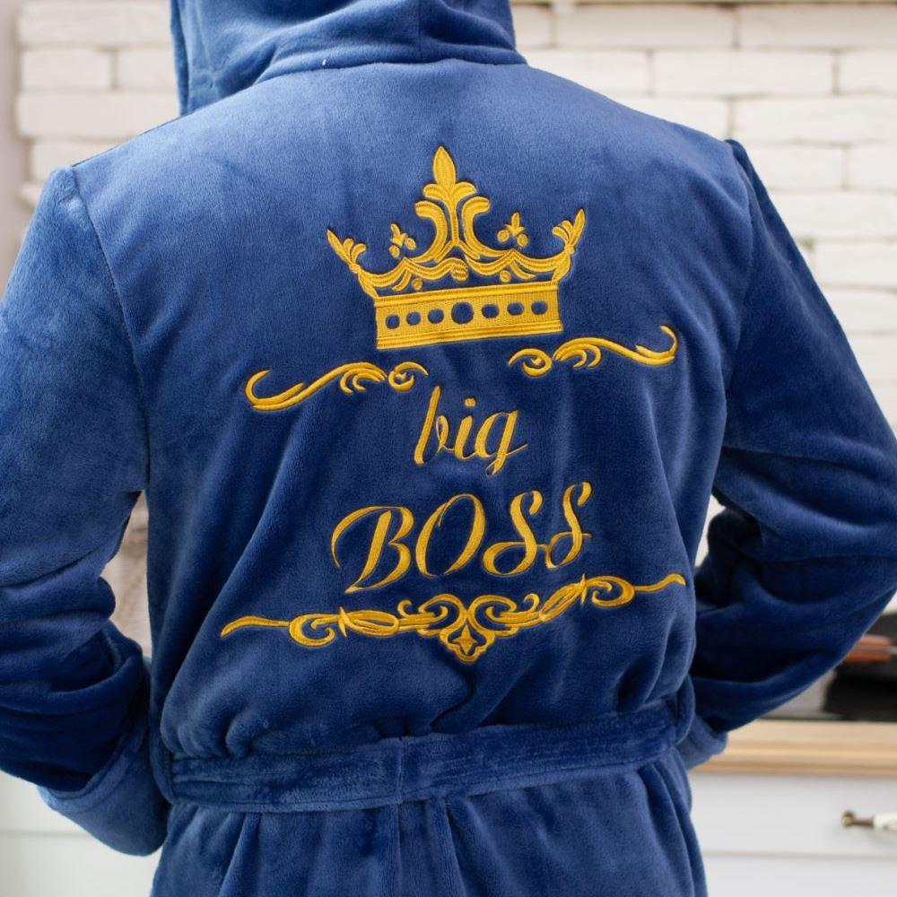 Чоловічий теплий халат з іменною вишивкою "Boss" з турецької плюшевої махри довгий на запах з капюшоном
