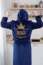 Чоловічий теплий халат з іменною вишивкою "Boss" з турецької плюшевої махри довгий на запах з капюшоном, фото 2