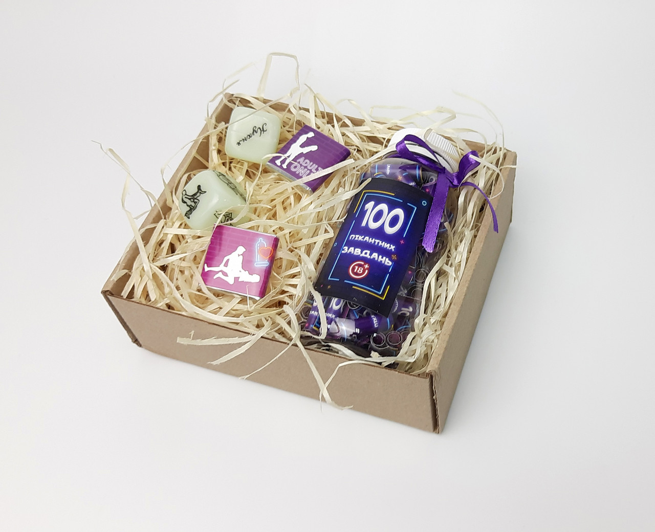 Набір для дорослих "Пози любові і 100 наших бажань" - 100 пікантних завдань, кубики з позами, шоколад камасута, фото 1