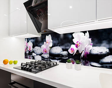 Панель на кухонний фартух під скло орхідеї рожеві на каменях, з двостороннім скотчем 62 х 205 см, 1,2 мм
