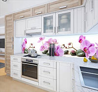 Панели на кухонный фартук ПЭТ орхидеи в белом фоне на камнях, с двухсторонним скотчем 62 х 205 см, 1,2 мм