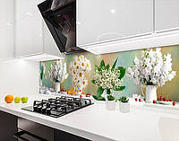 Кухонная панель на стену жесткая цветы в вазах, с двухсторонним скотчем 62 х 205 см, 1,2 мм