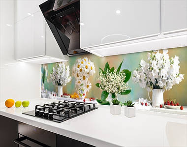 Кухонна панель на стіну жорстка квіти у вазах, з двостороннім скотчем 62 х 205 см, 1,2 мм
