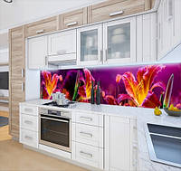 Кухонный фартук заменитель стекла с лилиями розовыми, с двухсторонним скотчем 62 х 205 см, 1,2 мм