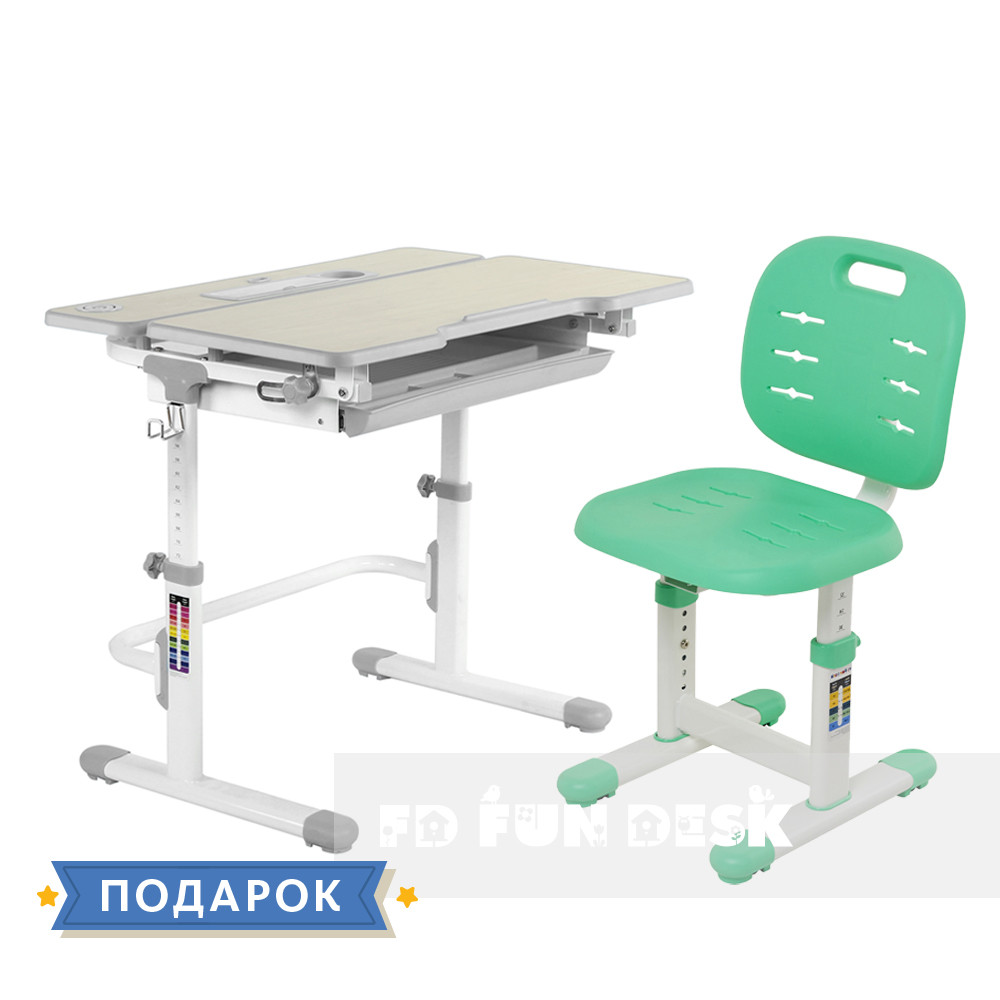 Комплект зростаюча парта для будинку FunDesk Lavoro L Grey+стілець дитячий FunDesk SST2 Green
