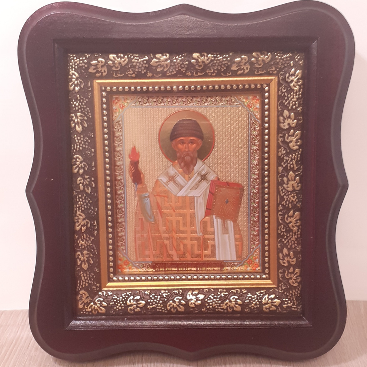 Ікона Святий єпископ Спиридон Тріміфунський, лик 10х12 см, в темному дерев'яному кіоті, фото 1