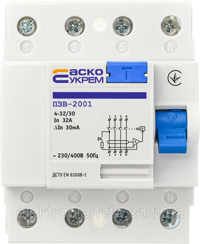 Пристрій захисного відключення (діфреле) УкрЕМ ПЗВ-2001 4р/32А/30мА АсКо A0020010013, фото 1