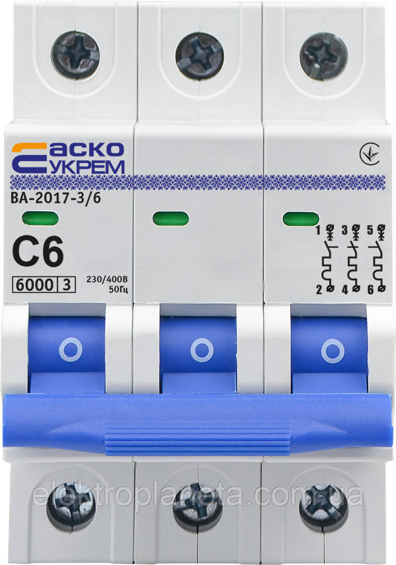 Автоматичний вимикач автомат захисту УКРЕМ ВА-2017/С 3р 6А АСКО A0010170019, фото 1