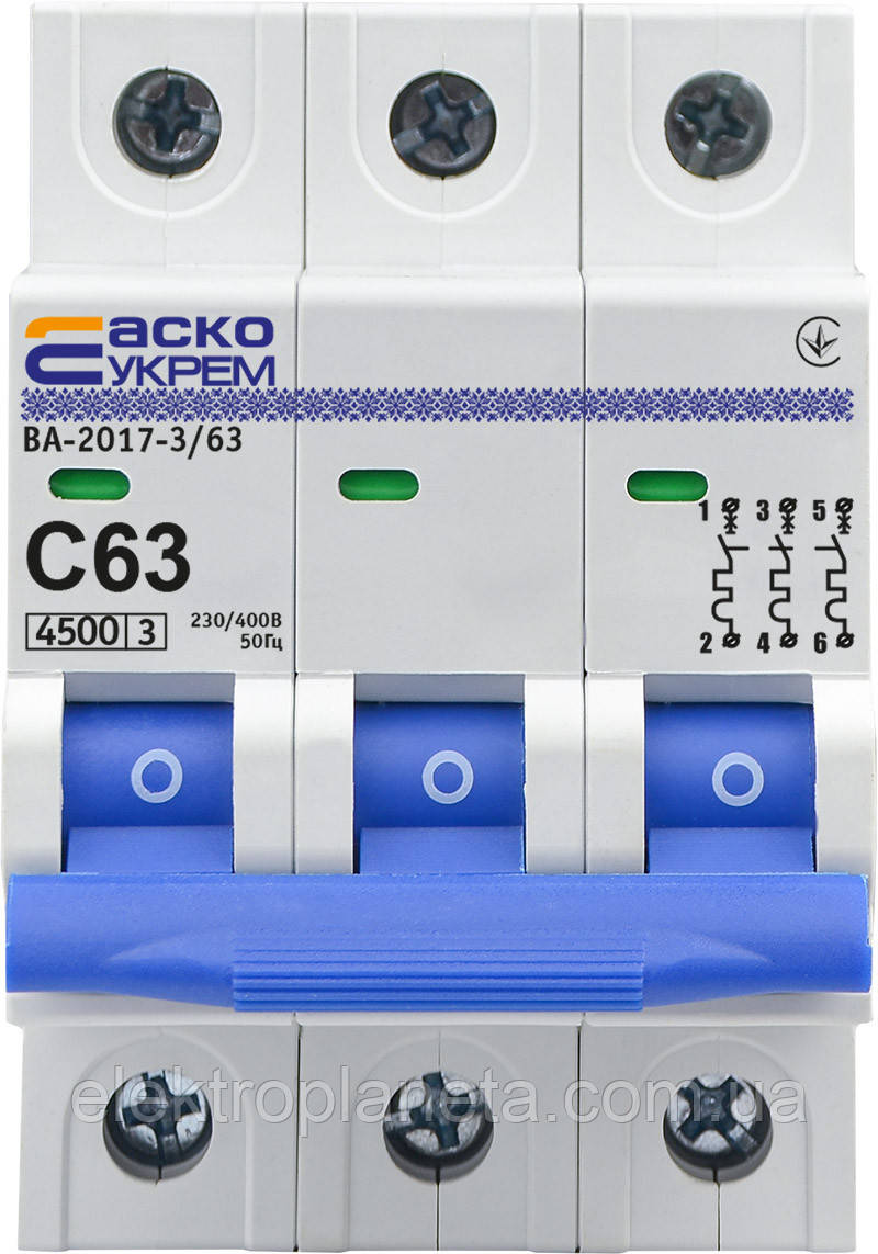 Автоматичний вимикач автомат захисту УКРЕМ ВА-2017/С 3р 63А АСКО A0010170027, фото 1