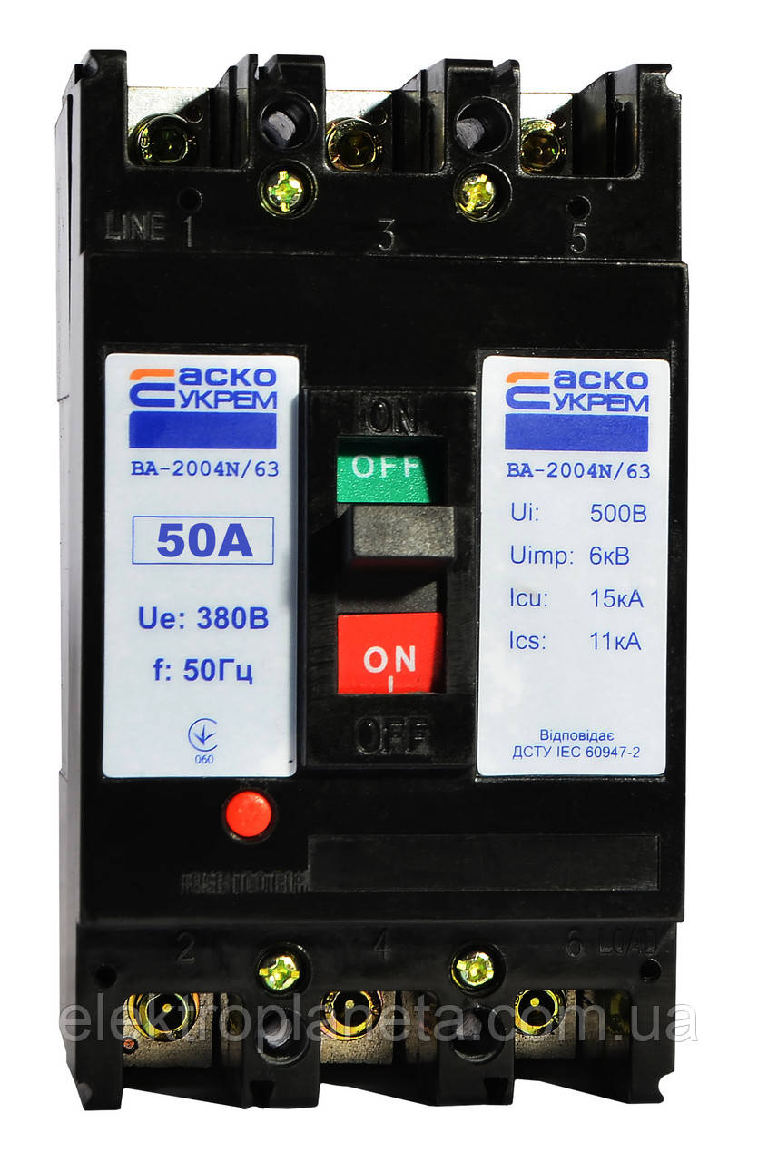 Автоматичний силовий вимикач корпусний УКРЕМ ВА-2004N/63 3р 50А АСКО A0010040064, фото 1