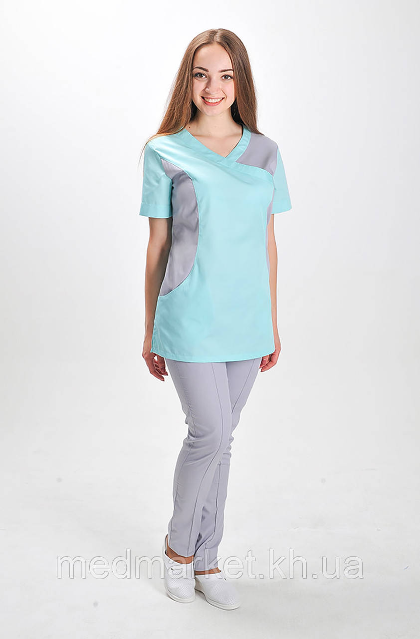 Костюм медичний Марина зі звуженими штанами. ELIT COTTON.  Ментол/світло-сірий