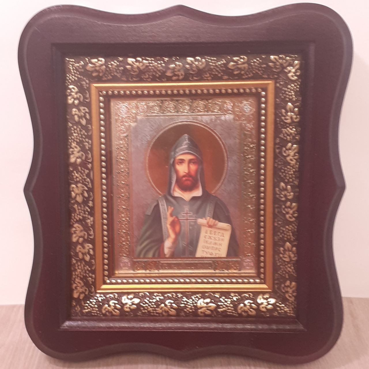 Ікона Святого рівноапостольного Кирила, лик 10х12 см, в темному дерев'яному кіоті