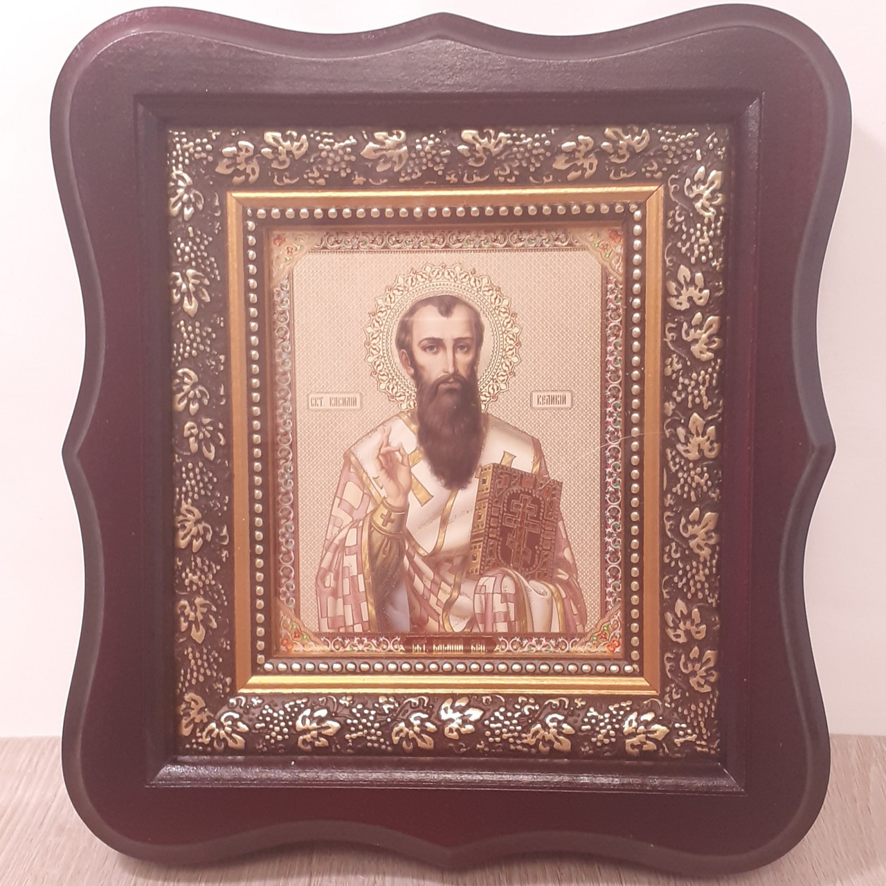 Ікона Святий Василь Великий, лик 10х12 см, у темному дерев'яному кіоті