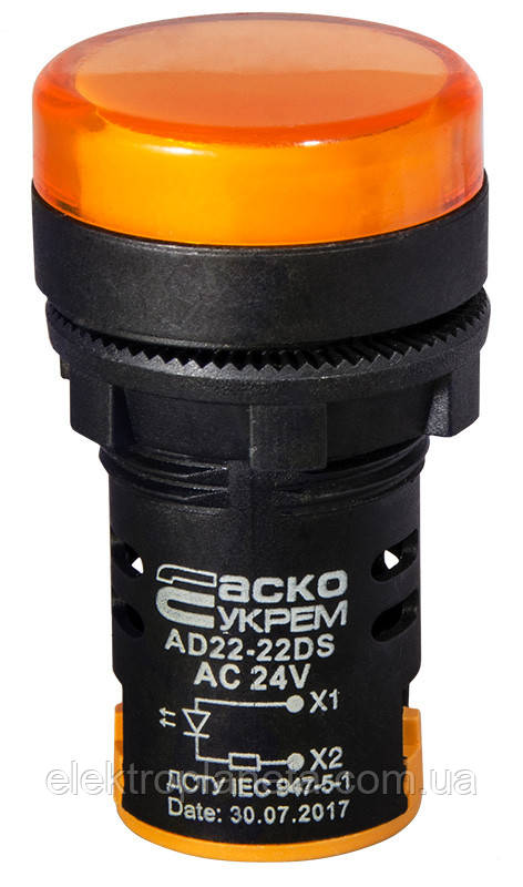 Сигнальна арматура лампа індикатор напруги AD22-22DS жовта 24V АC/DC A0140030049 A0140030049, фото 1