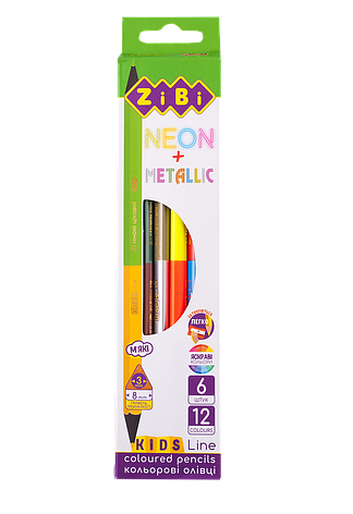 Олівці кольорові Double Neon+Metallic 6 шт (12 кольорів) KIDS LINE, фото 1