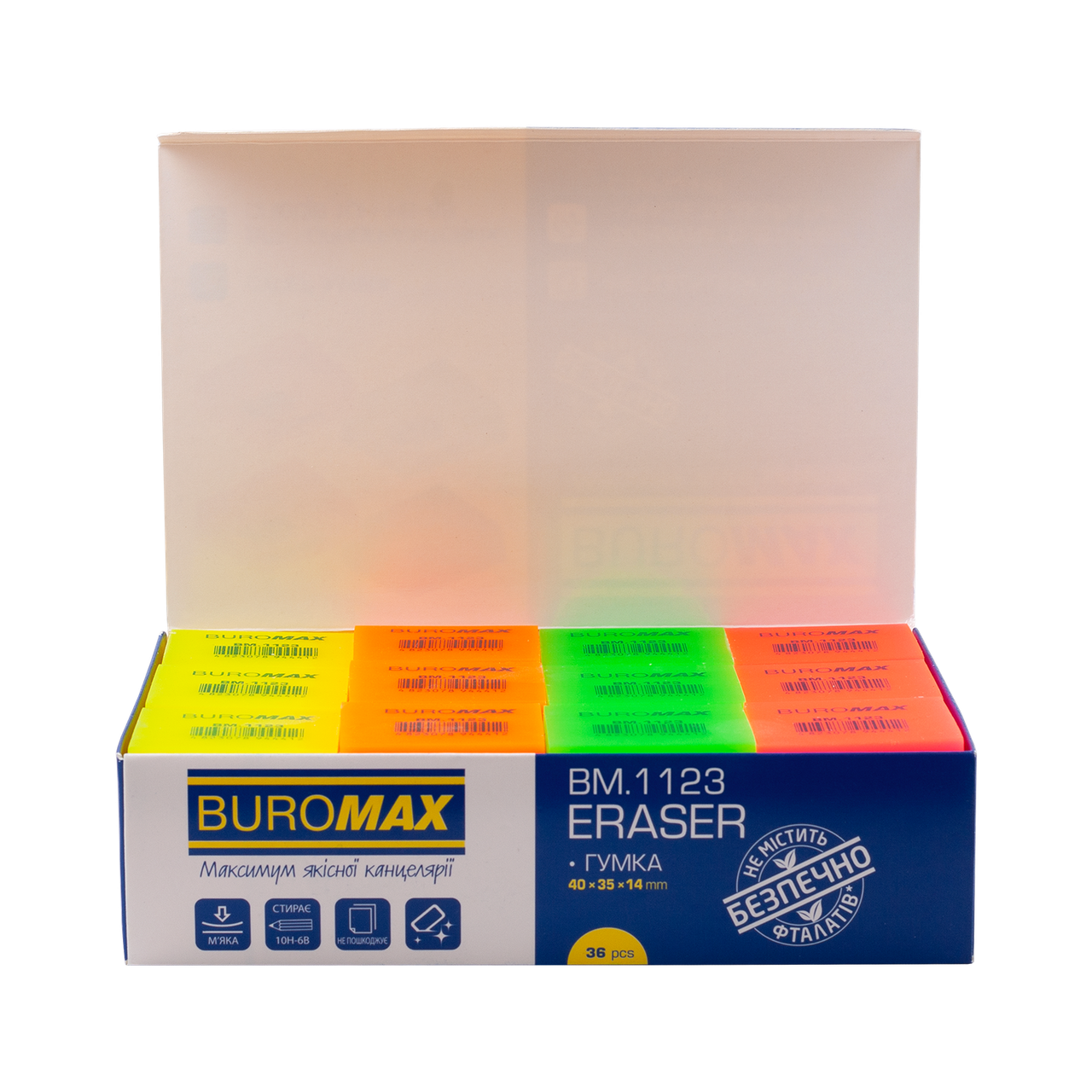 Ластик прямокутний NEON 40x35x14 мм м'який пластик асорті кольорів