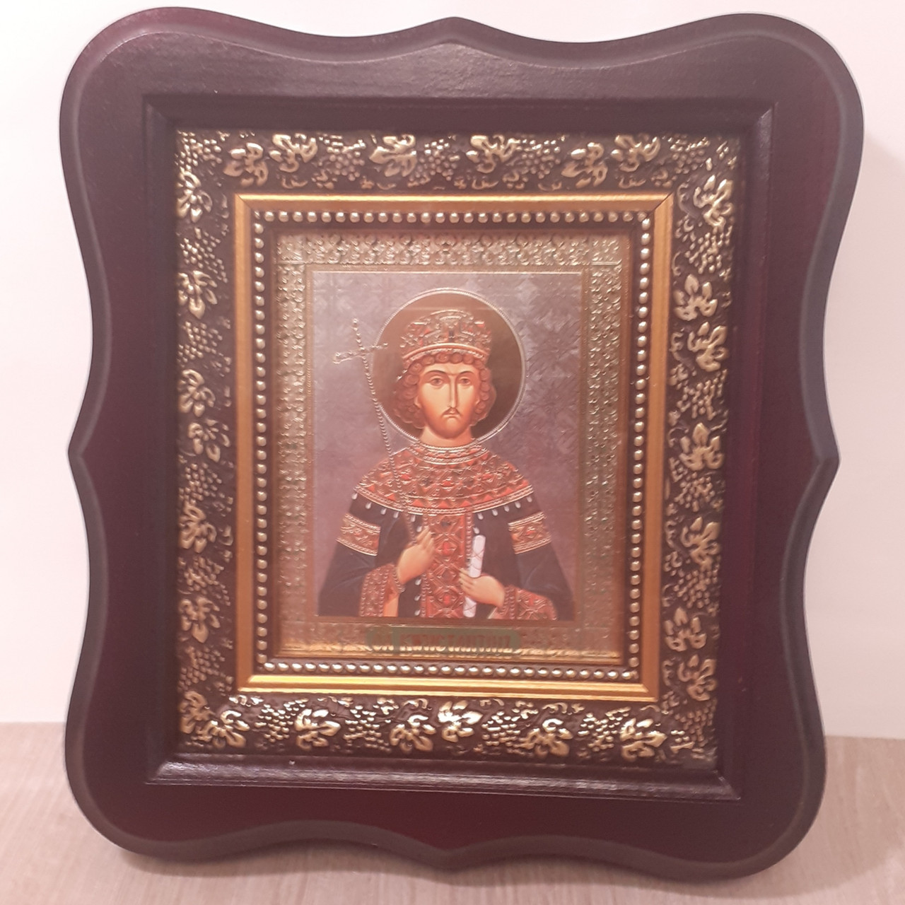 Ікона Святий Костянтин, лик 10х12 см, в темному дерев'яному кіоті, фото 1