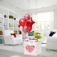 Коробка-сюрприз с гелиевыми шарами большая на День Валентина 70х70см "Сердце" +наклейка+декор+надпись