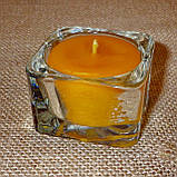 Квадратная восковая стеклянная чайная свеча 32г; натуральный пчелиный воск, фото 3