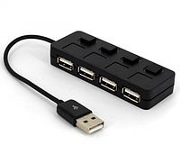 Хаб USB 2.0 4 порта, Black, 480Mbts питание от USB, с кнопкой LED/Blue на каждый порт, Blister