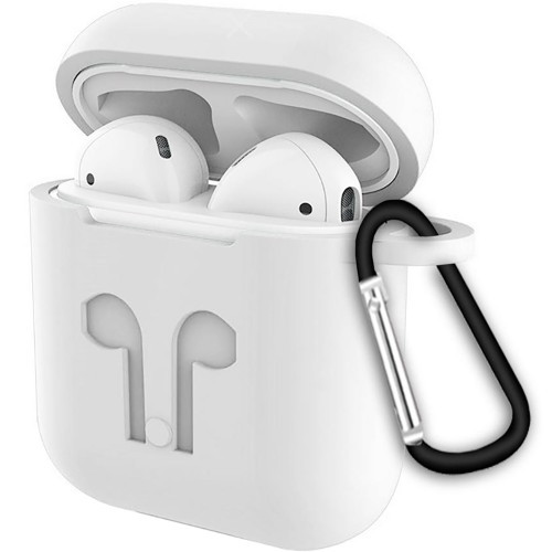 Білий силіконовий чохол Для навушників Apple Аїрпідсів із карабіном, фото 1