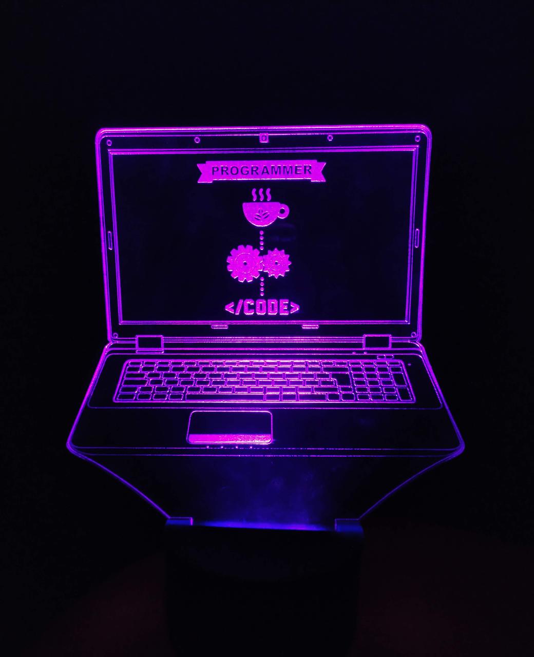 3d-світильник Ноутбук програміста, 3д-нічник, кілька підсвічувань (батарейка+220В), фото 1
