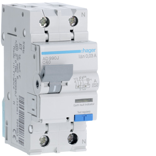 Диференційний автомат Hager 1+N 40A 30mA C, 6kA, для захисту електрики