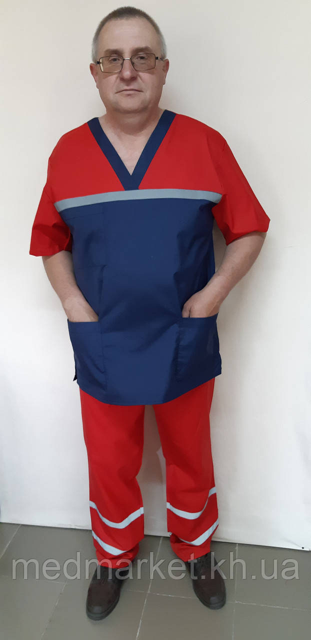 Костюм медичний чоловічий Швидка допомога еліт коттон Червоний/синій