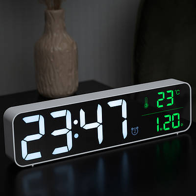 Цифровий годинник настільний електронний дзеркальний Losso Premium (GT) LONG з LED підсвічуванням білі, будильник