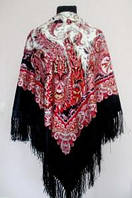 Женский красивый украинский платок с набивным рисунком и шелковыми кисточками