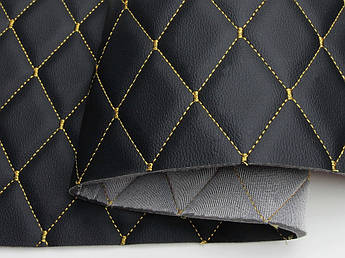 Стьобаний шкірзам чорний «Ромб» (прошитий жовтою ниткою) дубльований поролоном і сіткою ширина 1,50 м Польща