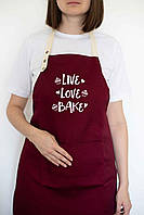Жіночий кухонний фартух з прикольною написом "Live. Love. Bake" бордовий