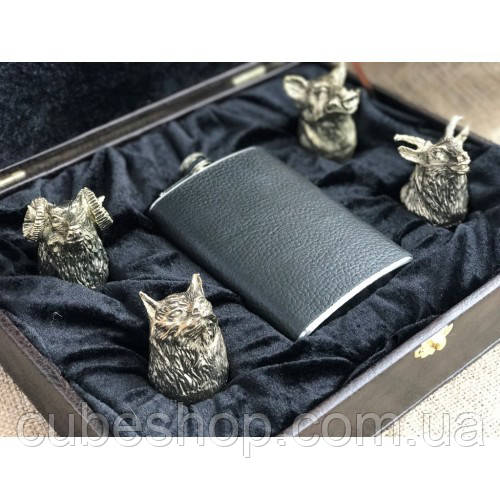 Набір бронзових стопок "Мисливські" (4 шт) з флягою