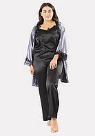 Большие размеры! Шелковый домашний комплект брюки+майка+халат шелк Сицилия тройка серый/черный