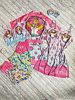 Комплект: піжама (2 шт.), нічечка та халат жіночий шовковий з принтом Simpsons рожевий