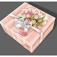 Подарочная коробка с лентой, Шкатулка c открыткой, Букет тюльпанов, Картонная упаковка для конфет, 700 грамм