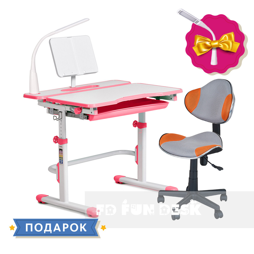 Комплект для дівчинки зростаюча парта Cubby Fressia Pink + комп'ютерне крісло FunDesk LST3 Orange-Grey