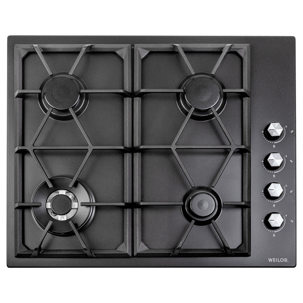 Газова варильна поверхня для кухні WEILOR GM W 634 BL, чорна емальована на 4 конфорки, газ-контроль, фото 1