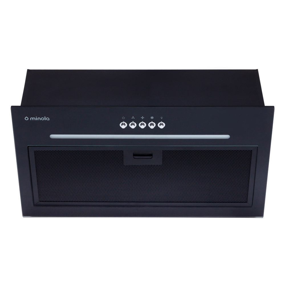 Чорна скляна повновбудована кухонна витяжка Minola HBI 5264 BL GLASS 700 LED Line. шириною 52 см, фото 1