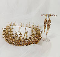 Набір прикрас корона + сережки "Королівський шарм" золотого кольору ручної роботи