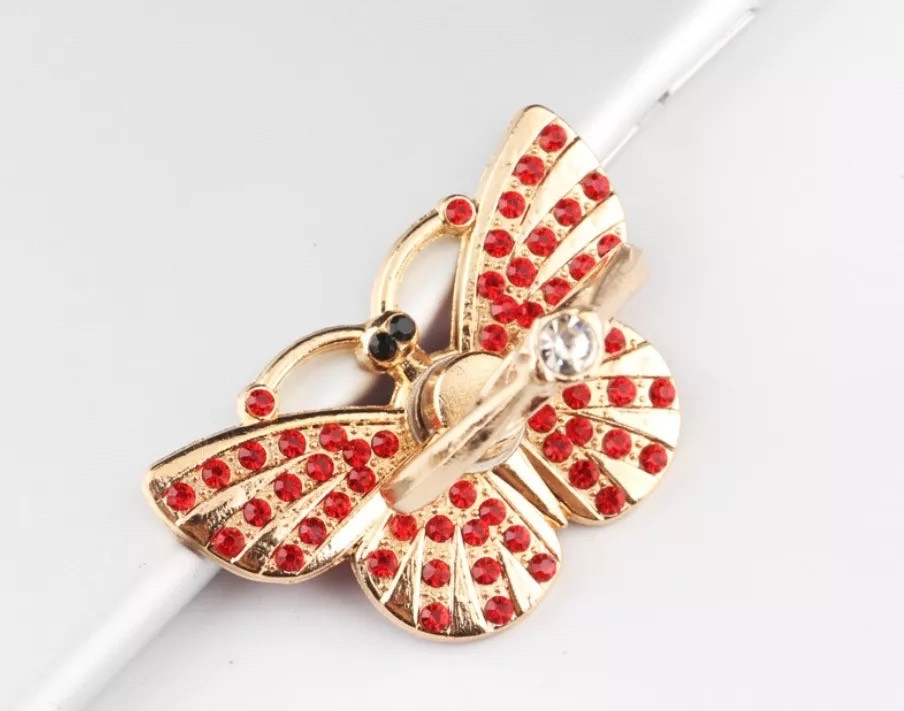 Кільце, тримач/попсокет для телефону «Butterfly», метелик зі стразами (червоний)