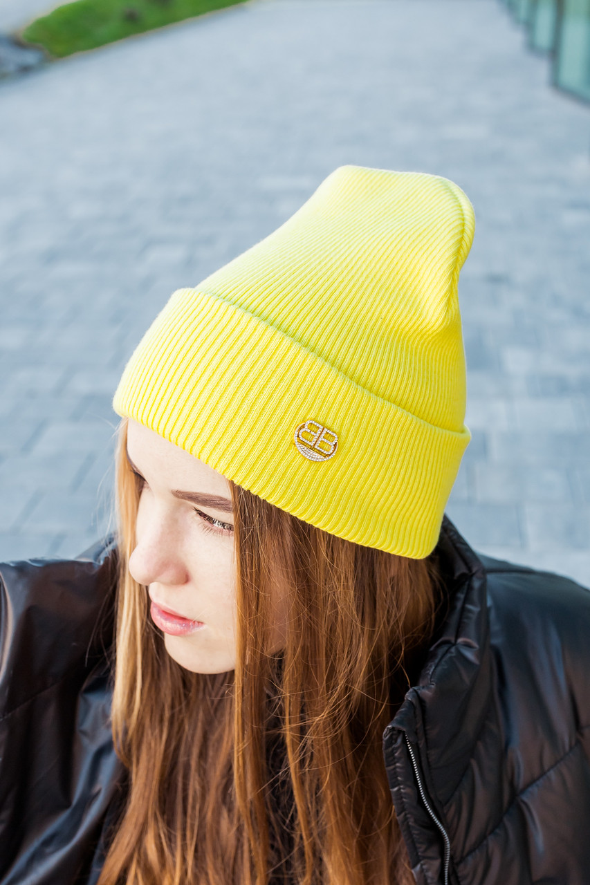 Вовняна брендовий шапка-біні з відворотом в'язана з вовни жовта