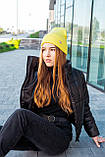 Вовняна брендовий шапка-біні з відворотом в'язана з вовни жовта, фото 6