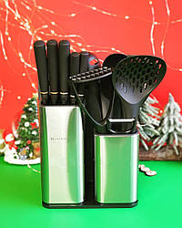 Набір кухонних ножів із неіржавкої сталі на підставці 5 шт. + Набір кухонного приладдя 7 шт. Edenberg EB-3615