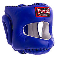 Боксерский шлем с бампером кожаный синий TWINS HGL-10