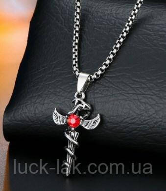 Кулон із крилами та червоним каменем у формі серця, фото 1