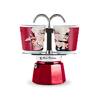 Подарунковий набір Bialetti Set: гейзерна кавоварка Mini Express (2 cup) + 2 кавових чашки Red