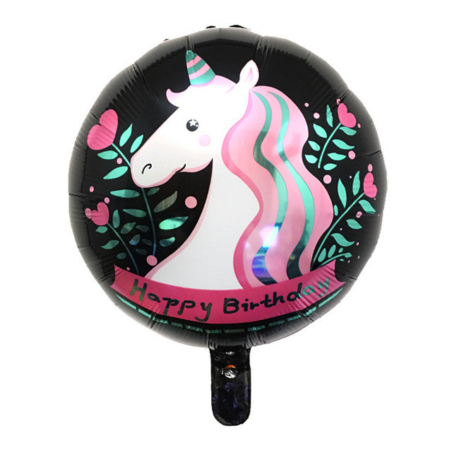 Фольгована кулька круг "Happy Birthday єдиноріг" чорна 18"(45см) 1шт.